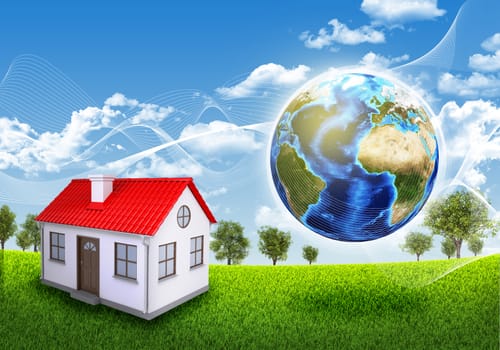 Earth, small house, green grass and trees. Elements of this image are furnished by NASA