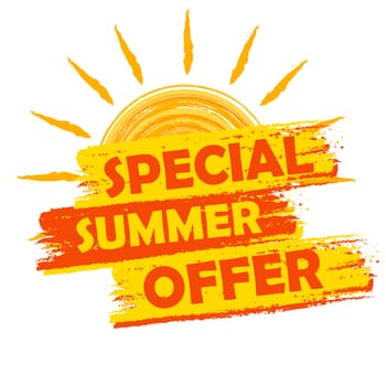 special summer offer banner - text in yellow and orange drawn label with sun symbol, business seasonal shopping concept