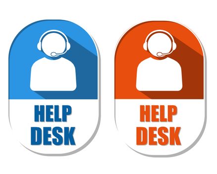 help desk with headset symbol, two elliptic flat design labels with icons, business technical support concept