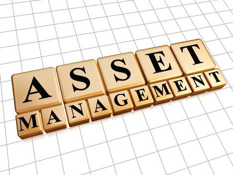 asset management - text in 3d golden cubes with black letters, business financial operation concept
