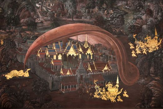 Masterpiece Ramayana painting in temple of emerald Buddha in Grand Palace in Thailand