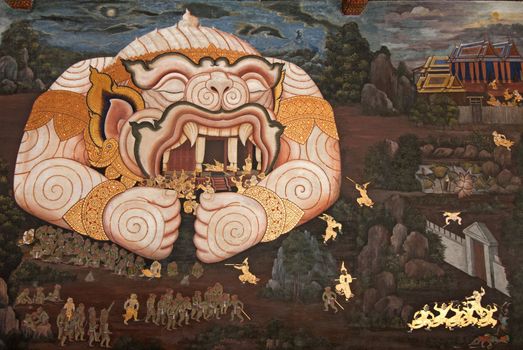 Masterpiece Ramayana painting in temple of emerald Buddha in Grand Palace in Thailand