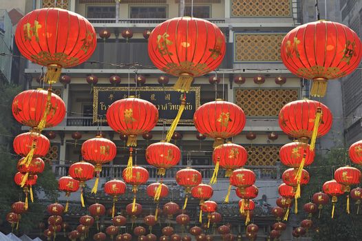 Chinese lanterns hanging from trees on Chinese new year, Bangkok, Thailand.