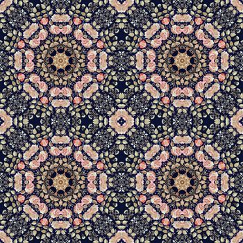 Abstract seamless artistic pattern, floral ornament, handmade applique from painted straw and bark on a black fabric background