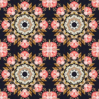 Abstract seamless artistic pattern, floral ornament, handmade applique from painted straw and bark on a black fabric background