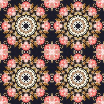 Abstract seamless artistic pattern, floral ornament, handmade applique from painted straw and bark on a black fabric background