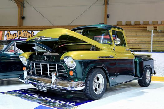 LOIMAA, FINLAND - JUNE 15, 2014: Chevy Stepside 3100 year 1956 wins first prize in the vans and pickups category at HeMa Show 2014 in Loimaa, Finland.