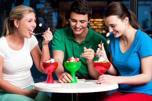 Three friends enjoying day out in a restaurant