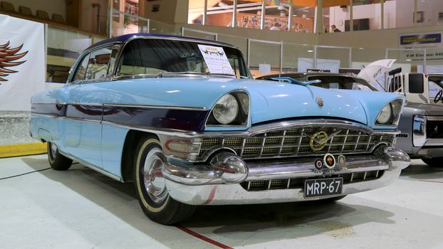 LOIMAA, FINLAND - JUNE 15, 2014: Blue Packard Executive 1956 vintage car presented at 
HeMa Show 2014 in Loimaa, Finland.