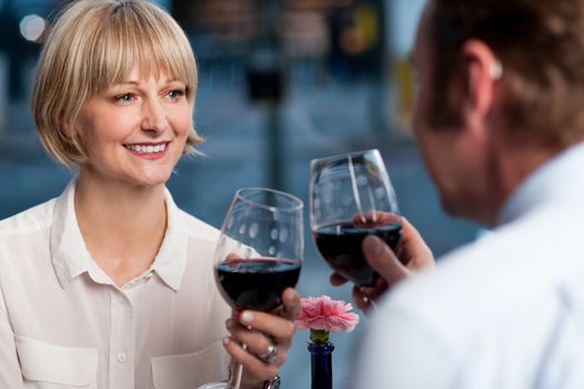 Mid aged couple toasting with glasses of wine