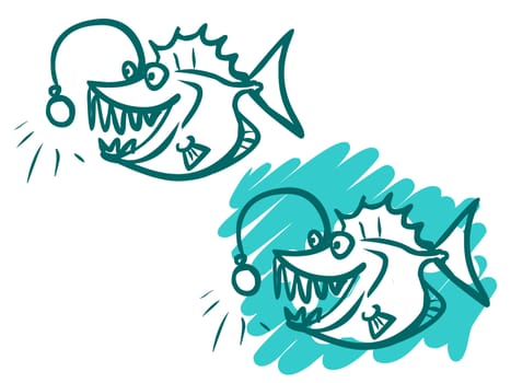 The illustration of a funny cartoon sea monster on white and green-blue backgrounds.