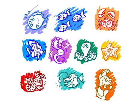 Cartoon illustration of marine life. Fish, seaweed, octopus, crab, sea monster. Outline drawing on a colored background