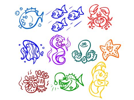 Cartoon illustration of marine life. Fish, seaweed, octopus, crab, sea monster. Outline drawing on a white background