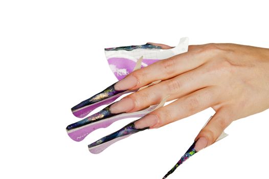 Trendy nail treatment and drying before applying a new portion of acrylic lacquer