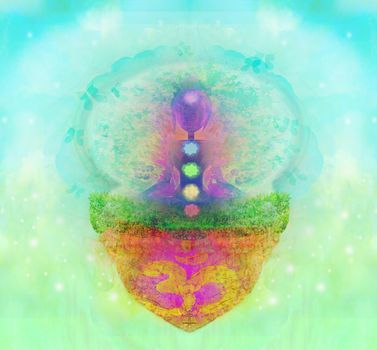 Yoga lotus pose. Padmasana with colored chakra points.
