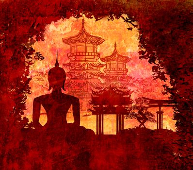 Silhouette of a Buddha,Asian landscape in grunge texture