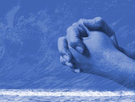 Praying hands above the sea with blue background