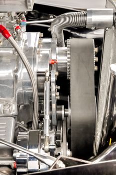 drive belt and parts on a high performance race car engine