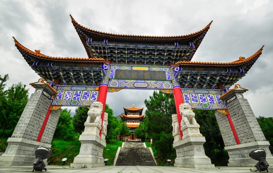 Rebuild Song dynasty town in dali, Yunnan province, China. Three pagodas and water with reflection