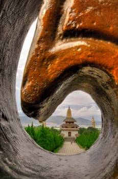 Rebuild Song dynasty town in dali, Yunnan province, China. Three pagodas and water with reflection