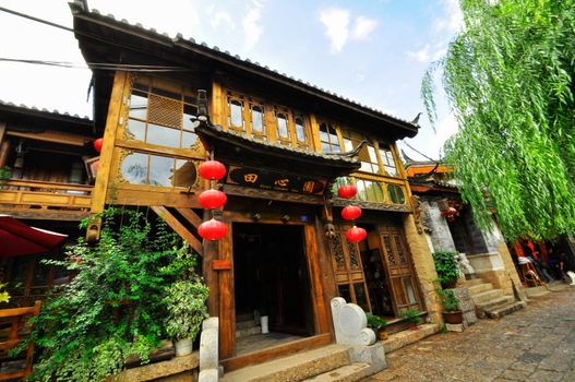 Lijiang China old town streets and buildings, world USECO heritage in yunnan province.