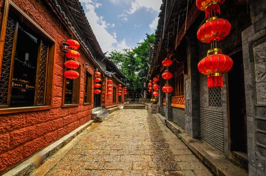 Lijiang China old town streets and buildings, world USECO heritage in yunnan province.