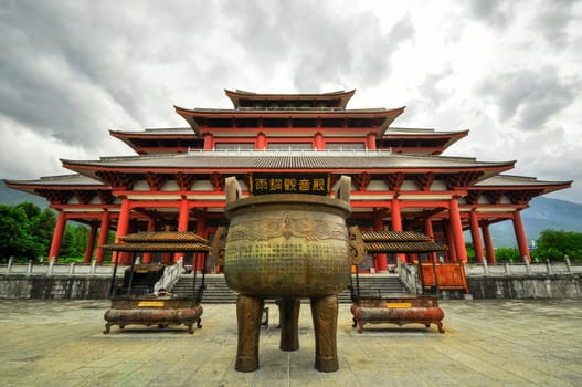 Rebuild Song dynasty town in dali, Yunnan province, China. Three pagodas and water with reflection