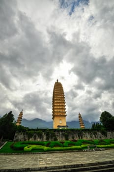 Rebuild Song dynasty town in dali, Yunnan province, China. Three pagodas and water with reflection