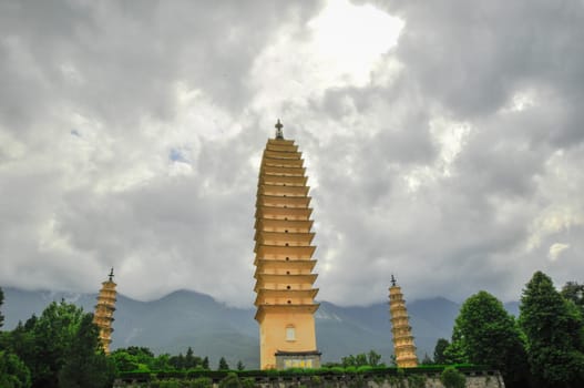 Rebuild Song dynasty town in dali, Yunnan province, China. Three pagodas and water with reflection