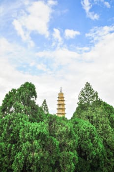 Rebuild Song dynasty town in dali, Yunnan province, China. Three pagodas and water with reflection