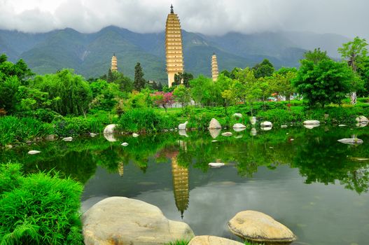 Rebuild Song dynasty town in dali, Yunnan province, China. Three pagodas and water with reflection