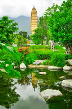 Rebuild Song dynasty town in dali, Yunnan province, China. Three pagodas and water with reflection