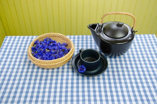 morning healing fresh aromatic cornflower tea set on table