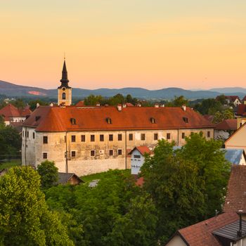 Panorama of Metlika, town and municipality in the southeastern Slovenia. It lies on the left bank of the Kolpa River on the border with Croatia. Is at heart of the area of White Carniola