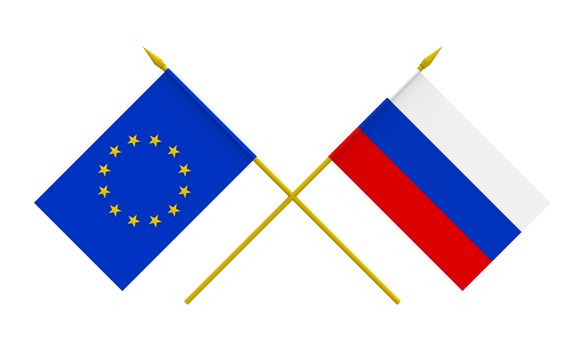 Flags of Russia and European Union, 3d render, isolated on white