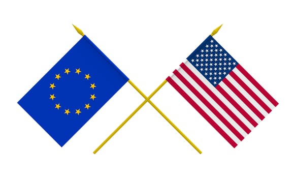 Flags of USA and European Union, 3d render, isolated on white