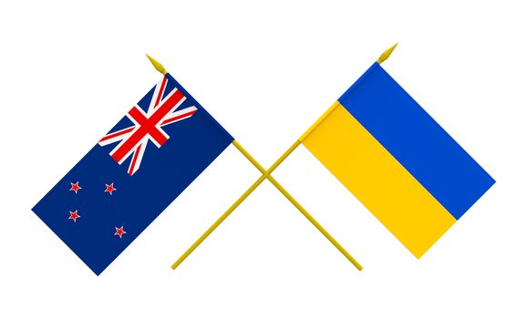 Flags of Ukraine and New Zealand, 3d render, isolated on white