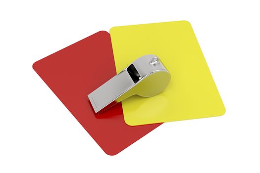 Red and yellow cards and metal whistle on white background 