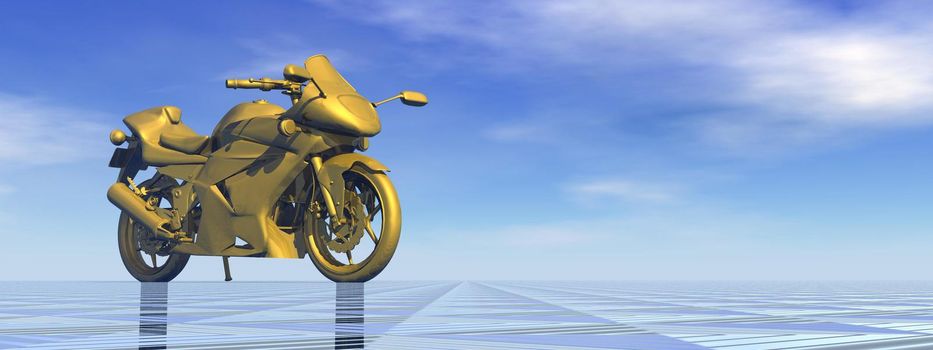 One golden motorbike standing in blue background
