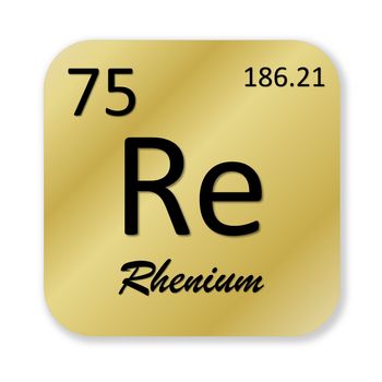 Black rhenium element into golden square shape isolated in white background