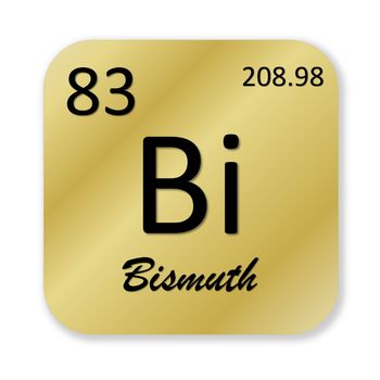 Black bismuth element into golden square shape isolated in white background