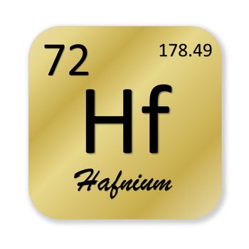 Black hafnium element into golden square shape isolated in white background