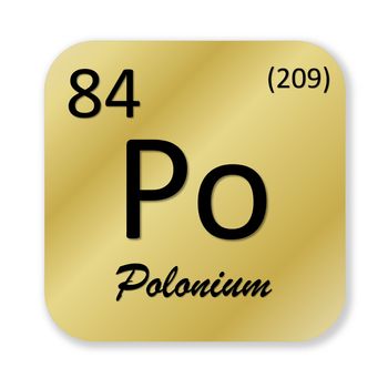 Black polonium element into golden square shape isolated in white background