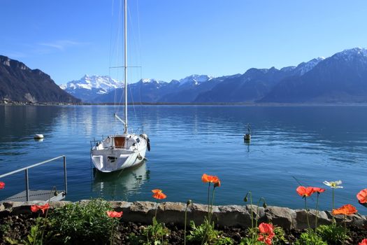 White sailing boat on Geneva lake at Montreux in front of Alps mountain by spring day, Switzerland