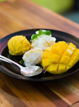 Thai traditional dessert, mango, mango pudding, mango ice cream with sticky rice