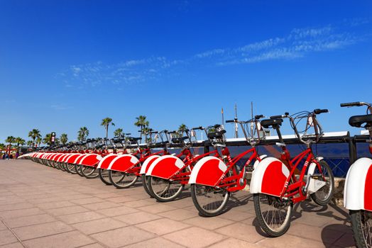 Long row of red and white bicycles (public bikes) near the harbor in Ronda Litoral, Barcelona - Spain