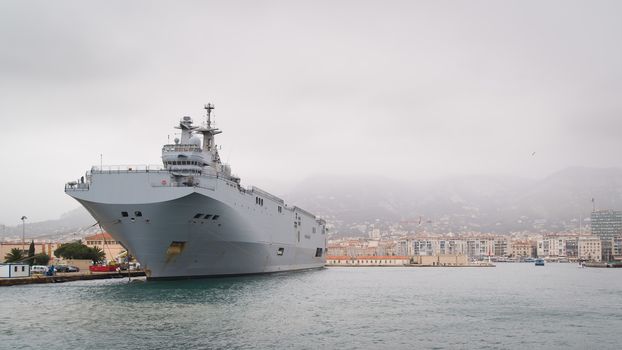 French navy Mistral class helicopter carrier in Toulon harbour