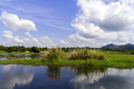 Reflections of Clouds in Lake. Asia, Thailand.