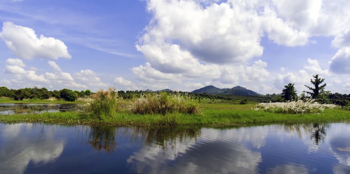 Reflections of Clouds in Lake. Asia, Thailand.