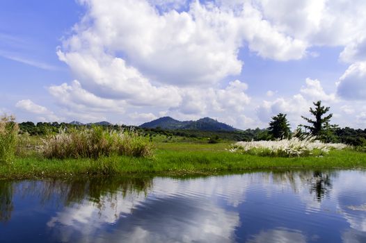 Reflections of Clouds in Lake. Asia, Thailand.